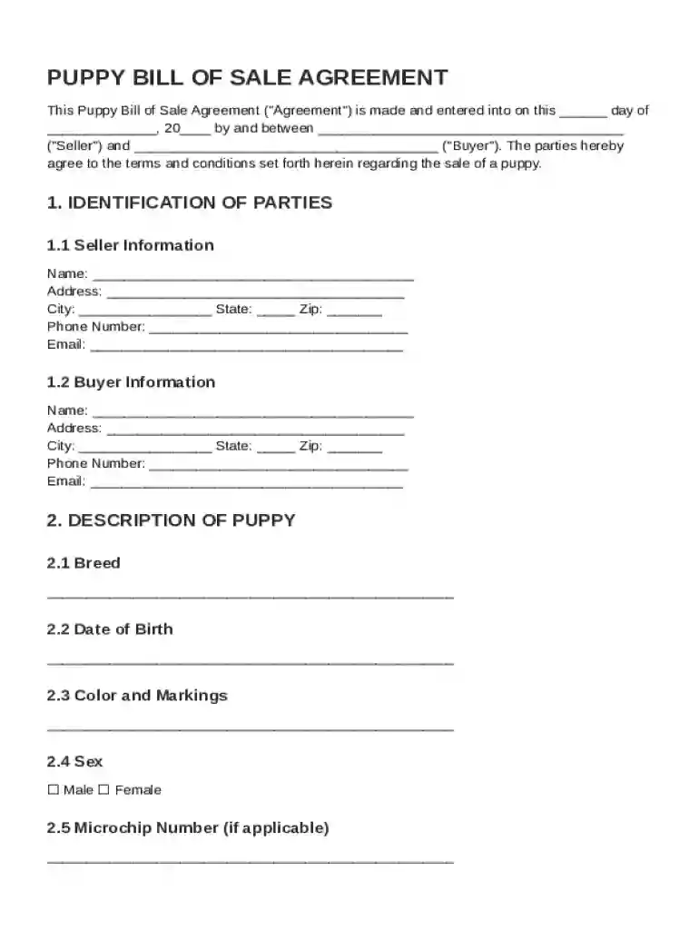 Puppy Bill Of Sale Contract Template Preview on Page 1