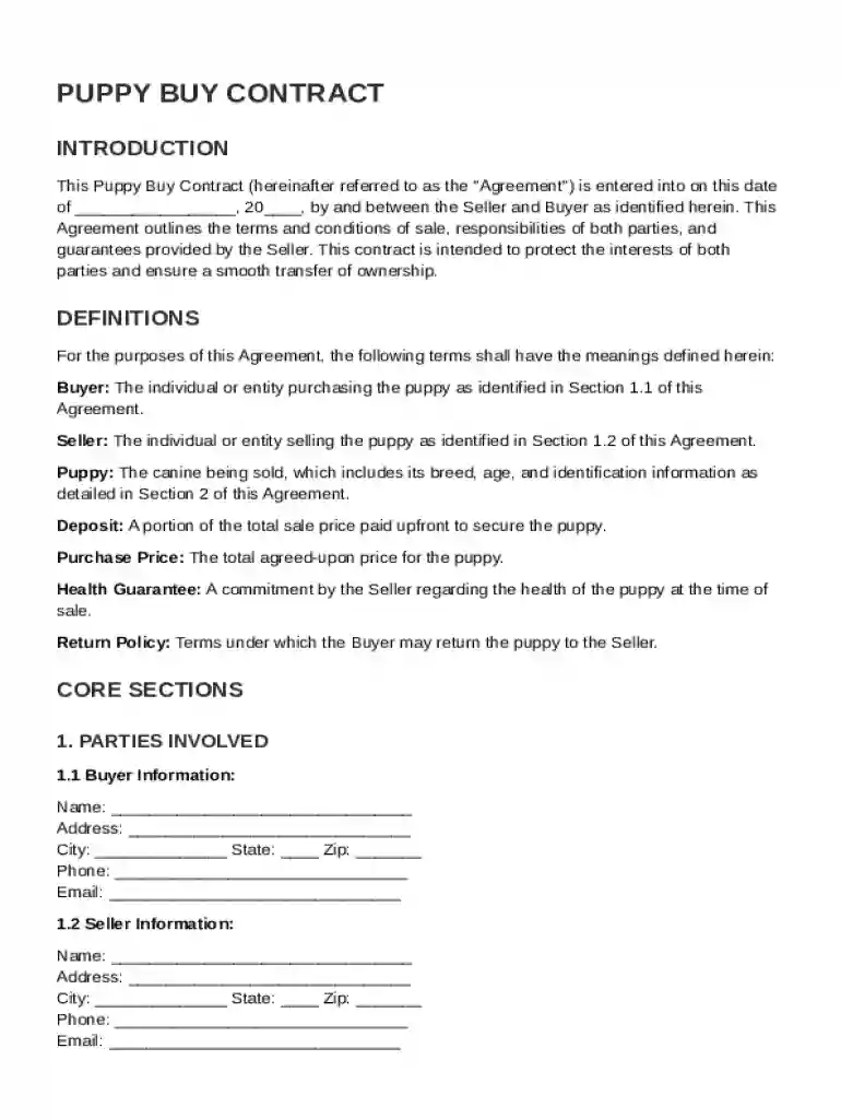 Puppy Buy Contract Template Preview on Page 1