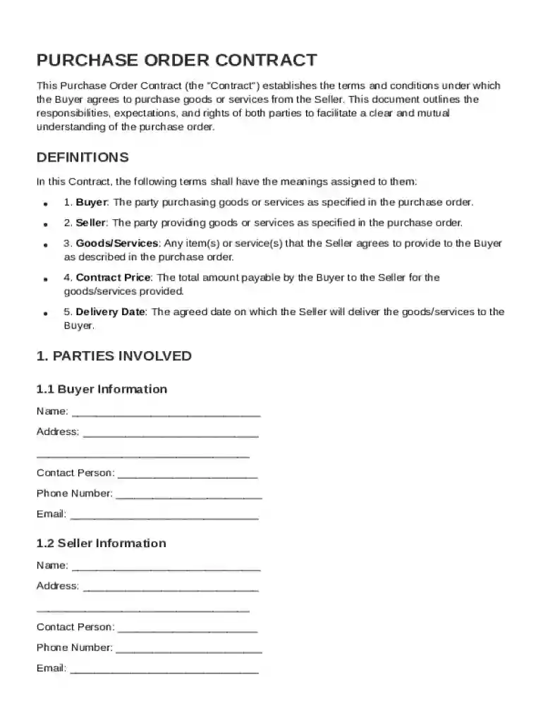 Purchase Order Contract Template Preview on Page 1