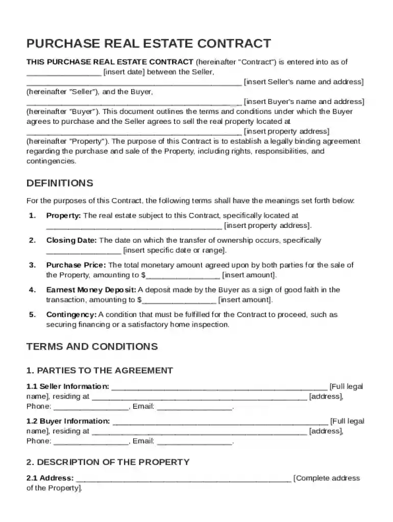 Purchase Real Estate Contract Template Preview on Page 1