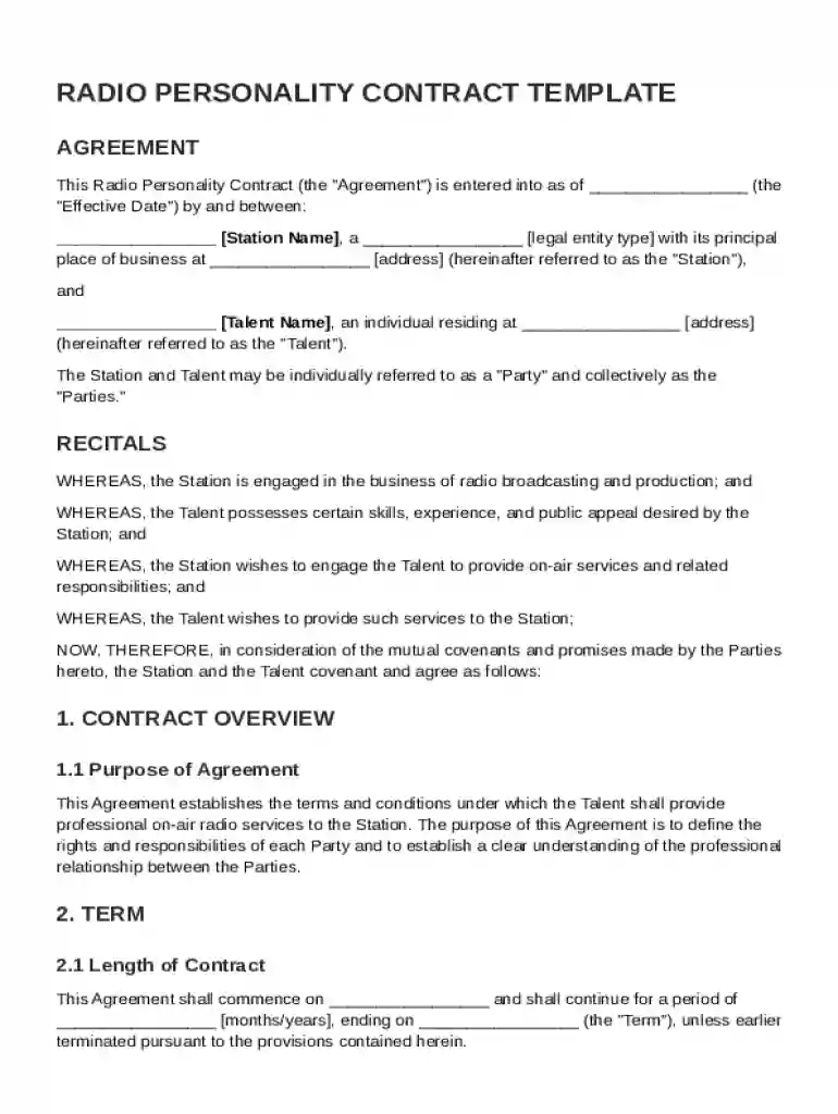 Radio Personality Contract Template Preview on Page 1