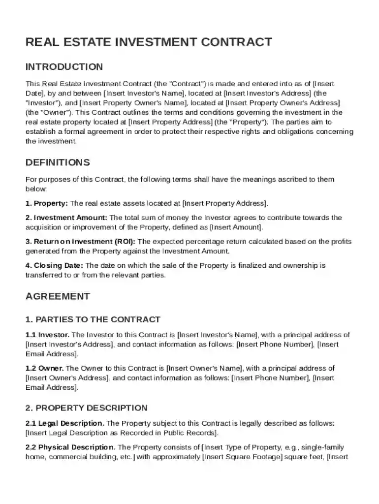 Real Estate Investment Contract Template Preview on Page 1