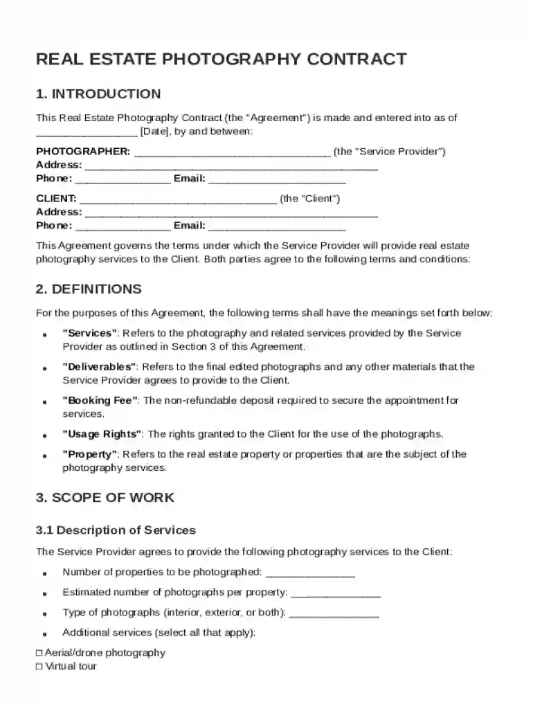 Real Estate Photography Contract Template Preview on Page 1