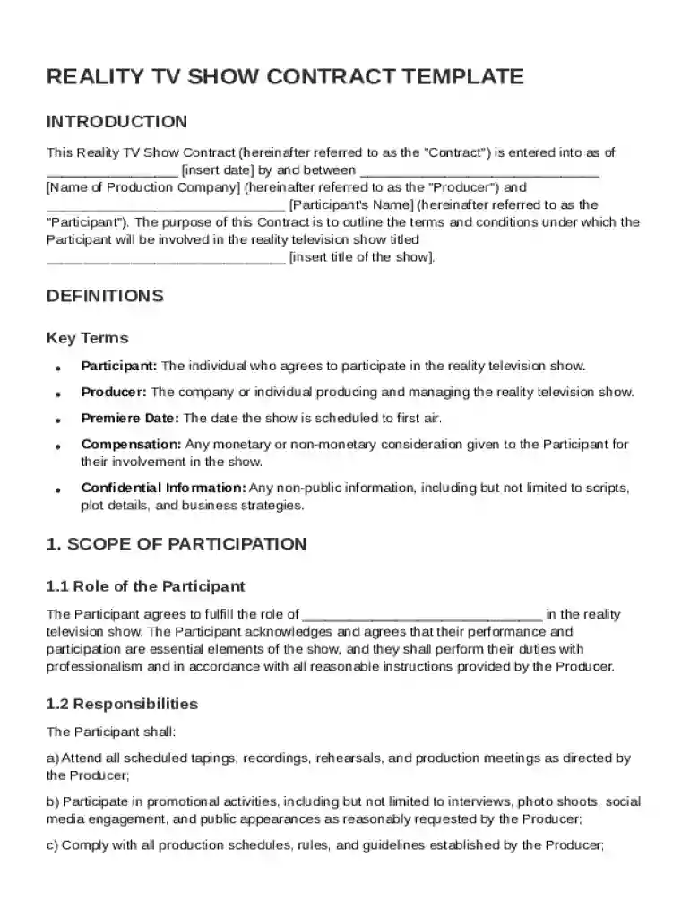 Reality Tv Show Contract Template Preview on Page 1
