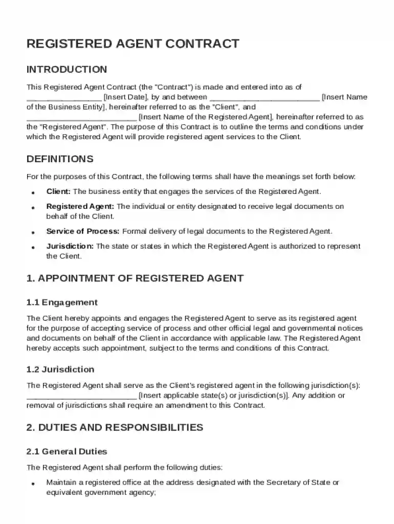 Registered Agent Contract Template Preview on Page 1