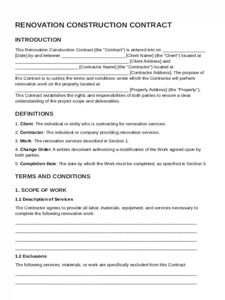 Renovation Construction Contract Template Preview on Page 1