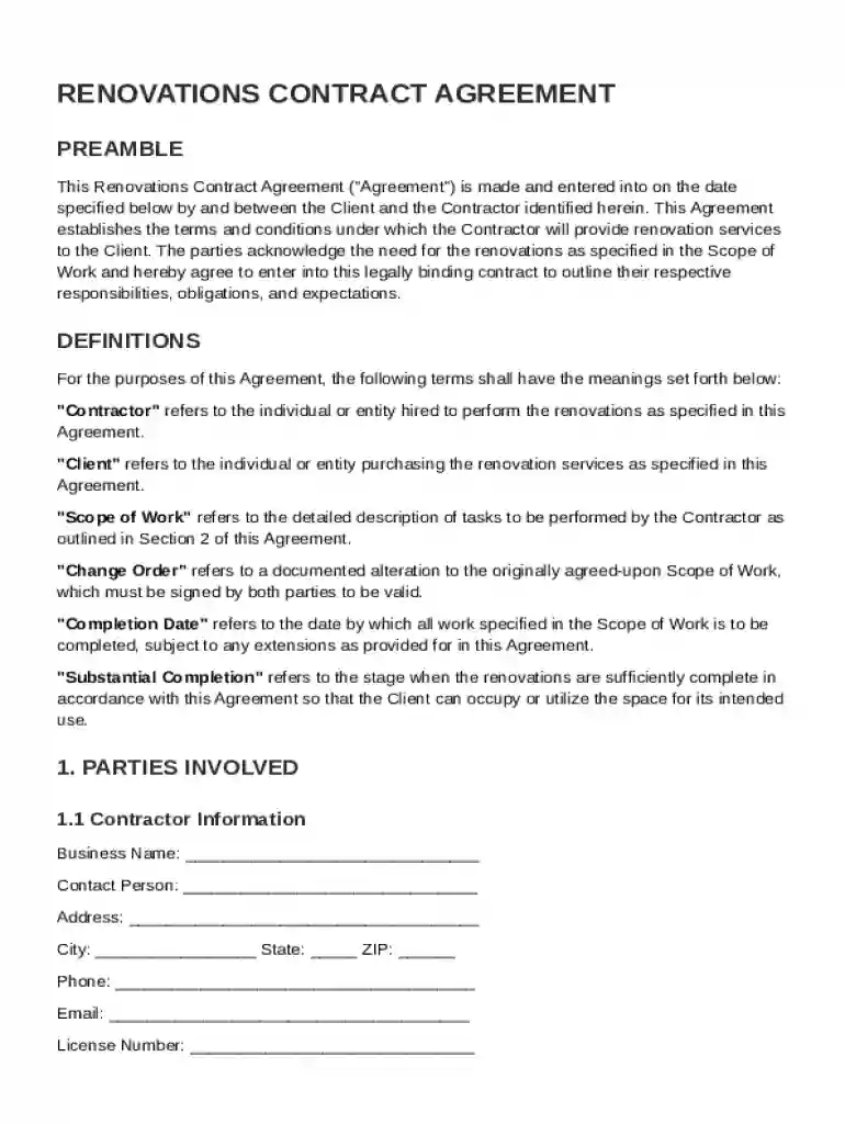 Renovations Contract Template Preview on Page 1