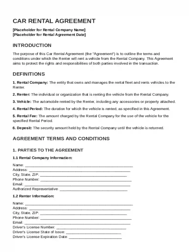 Rent A Car Contract Template Preview on Page 1
