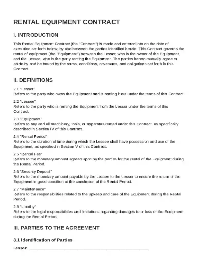Rental Equipment Contract Template Preview on Page 1