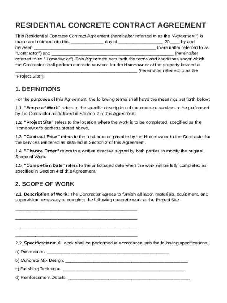 Residential Concrete Contract Template Preview on Page 1