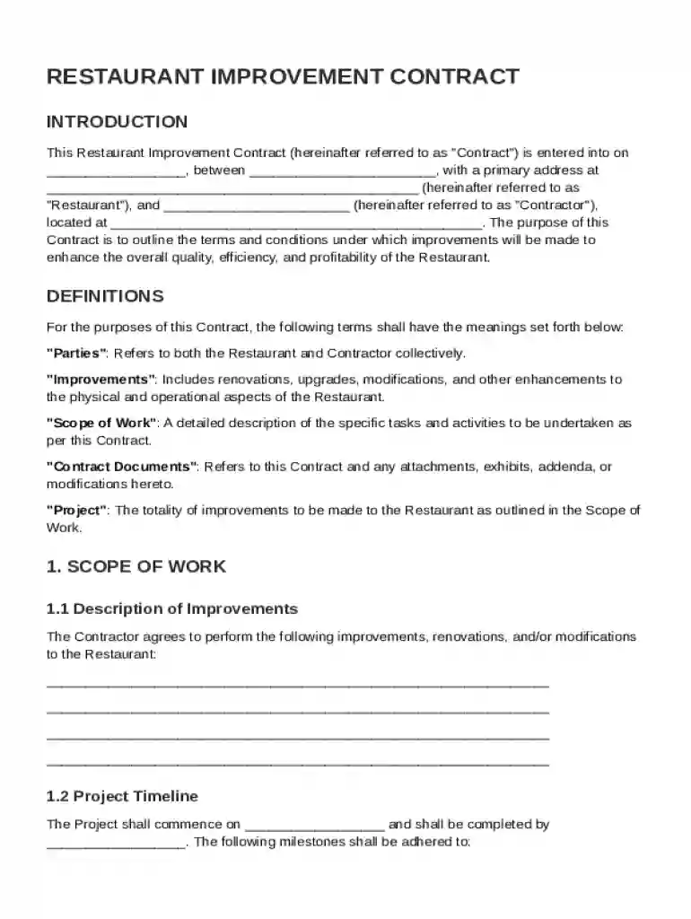 Restaurant Improvement Contract Template Preview on Page 1