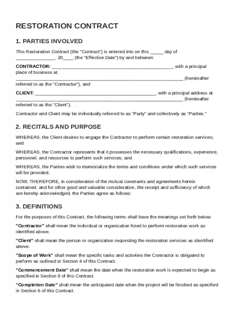 Restoration Contract Template Preview on Page 1