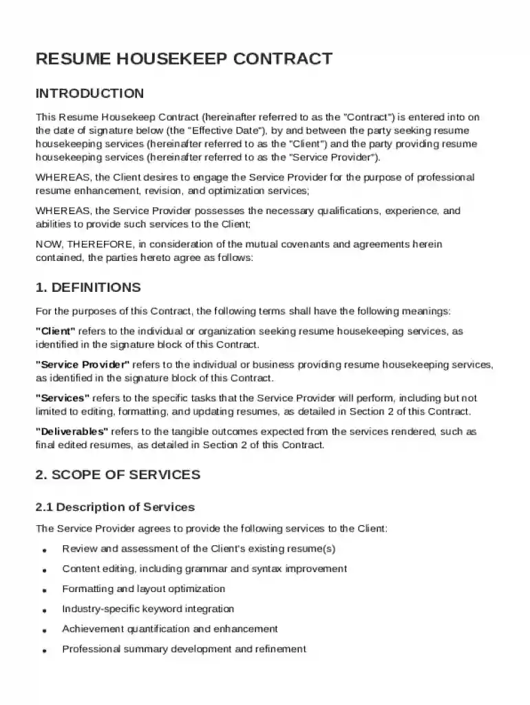 Resume Housekeep Contract Template Preview on Page 1