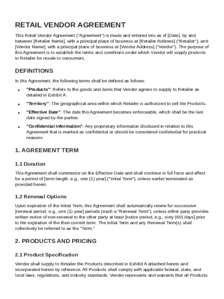 Retail Vendor Contract Template Preview on Page 1