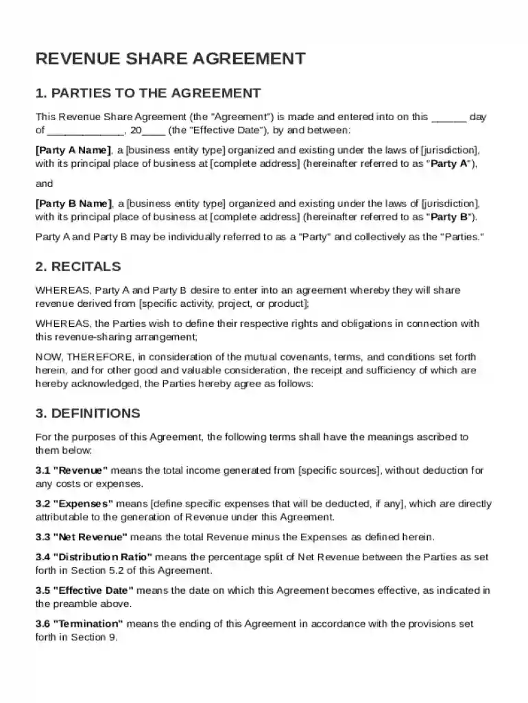 Revenue Share Contract Template Preview on Page 1