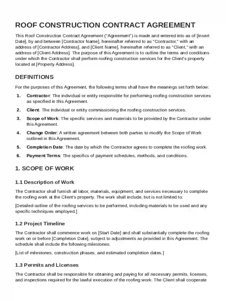 Roof Construction Contract Template Preview on Page 1