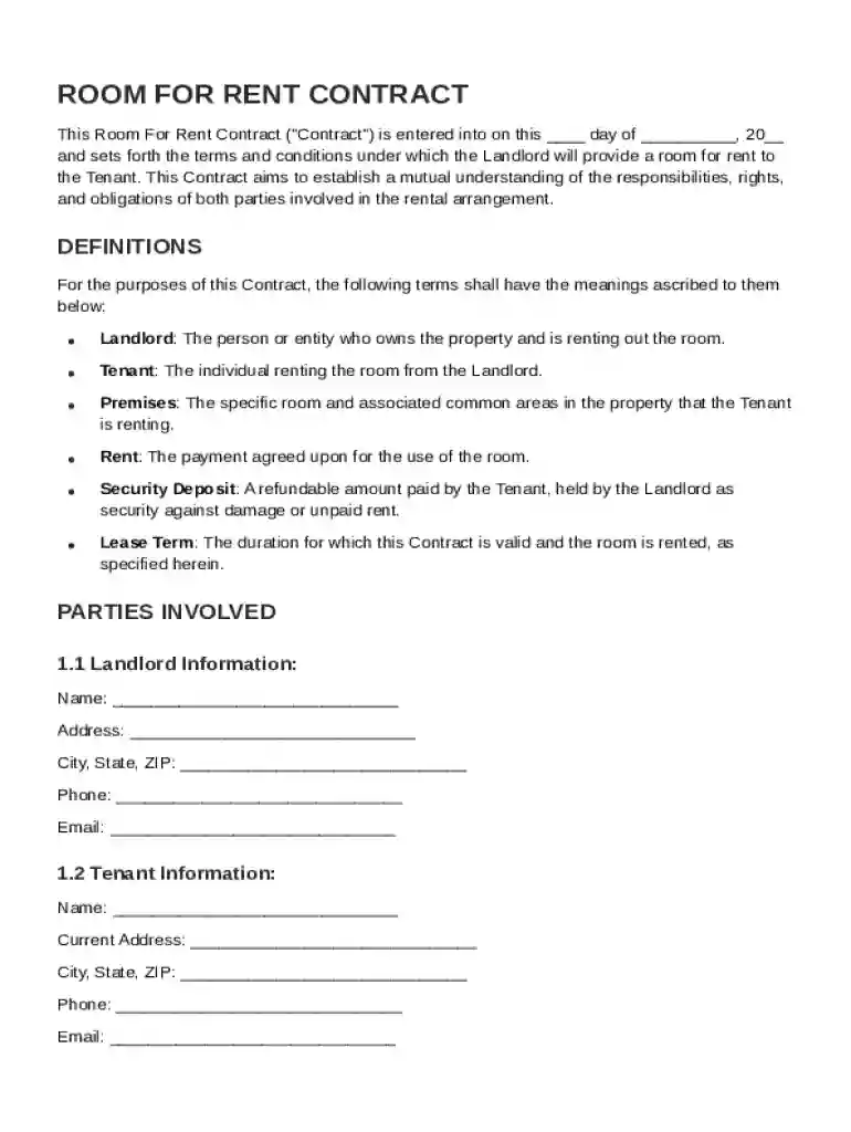 Room For Rent Contract Template Preview on Page 1