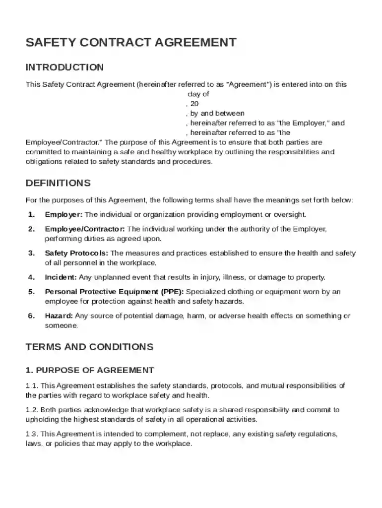 Safety Contract Template Preview on Page 1
