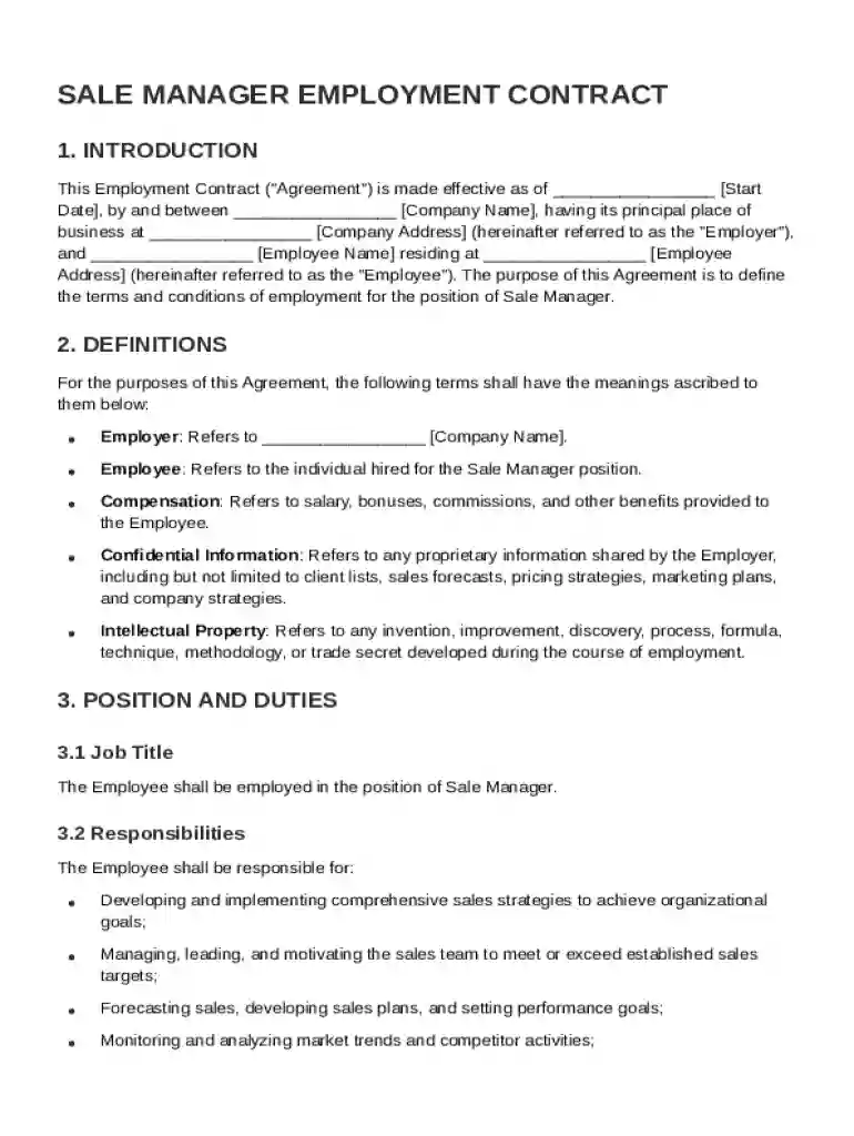 Sale Manager Employment Contract Template Preview on Page 1