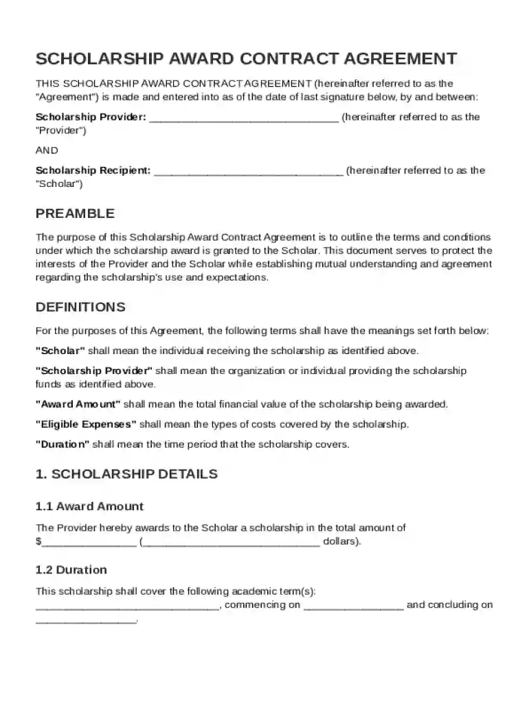 Scholarship Contract Template Preview on Page 1