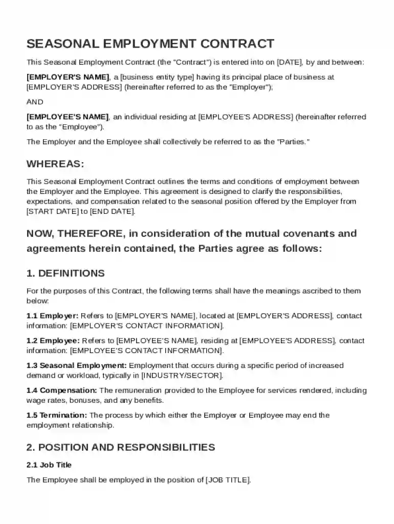 Seasonal Employment Contract Template Preview on Page 1