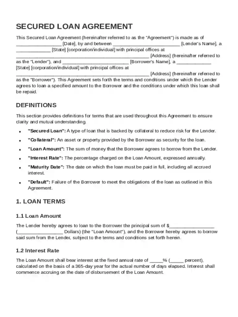 Secured Loan Contract Template Preview on Page 1