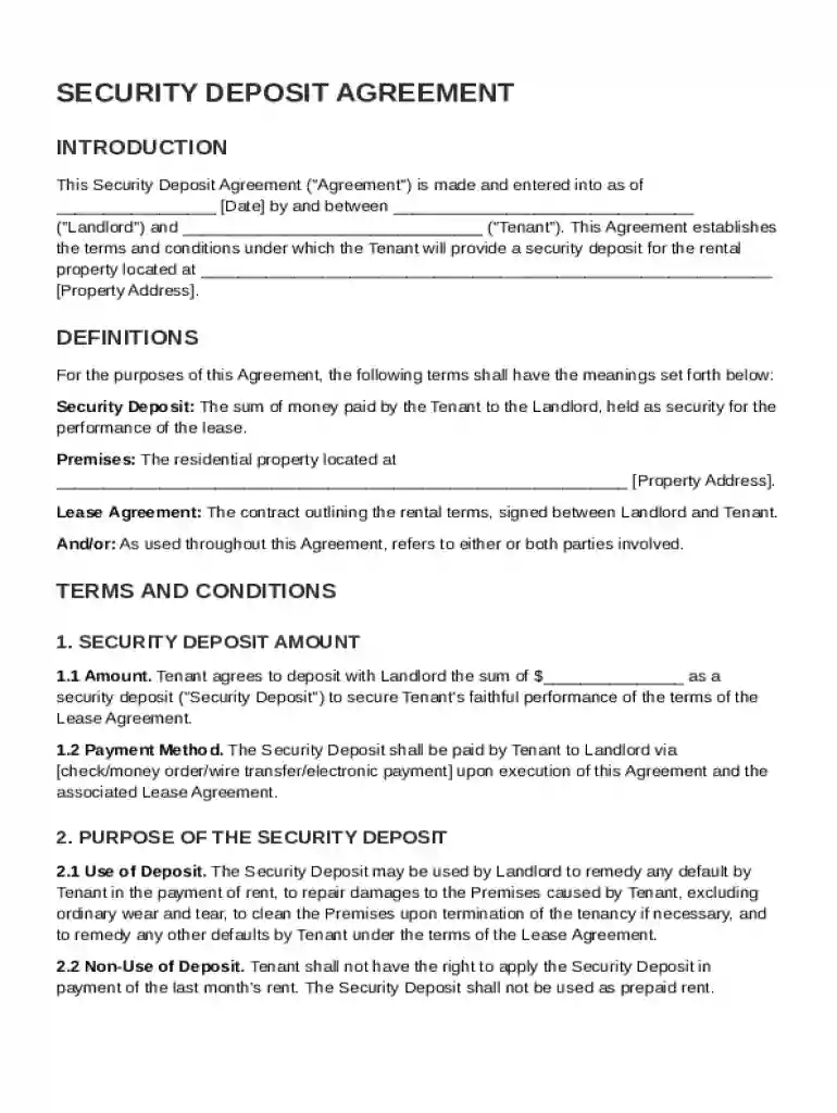 Security Deposit Contract Template Preview on Page 1