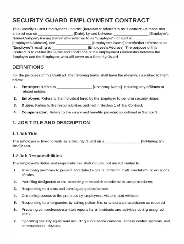 Security Guard Employment Contract Template Preview on Page 1