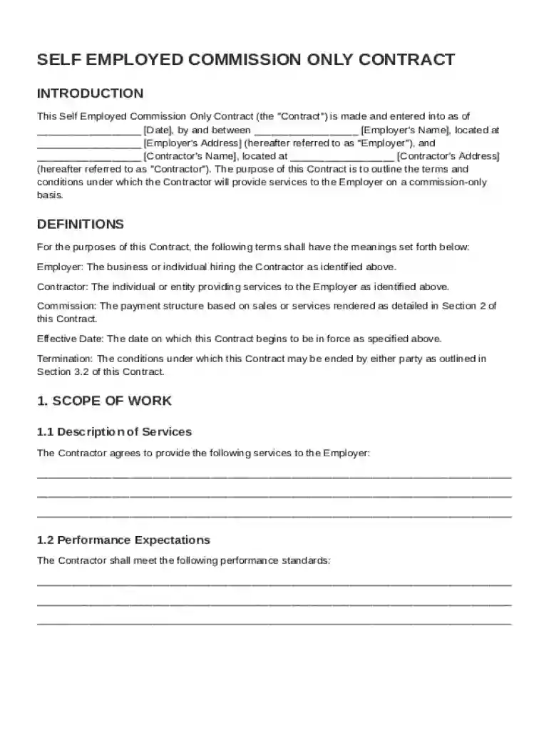Self Employed Commission Only Contract Template Preview on Page 1