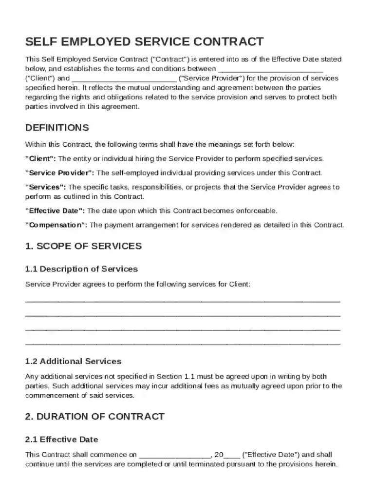 Self Employed For Service Contract Template Preview on Page 1