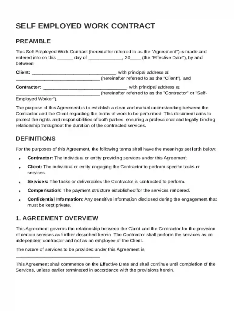 Self Employed Work Contract Template Preview on Page 1