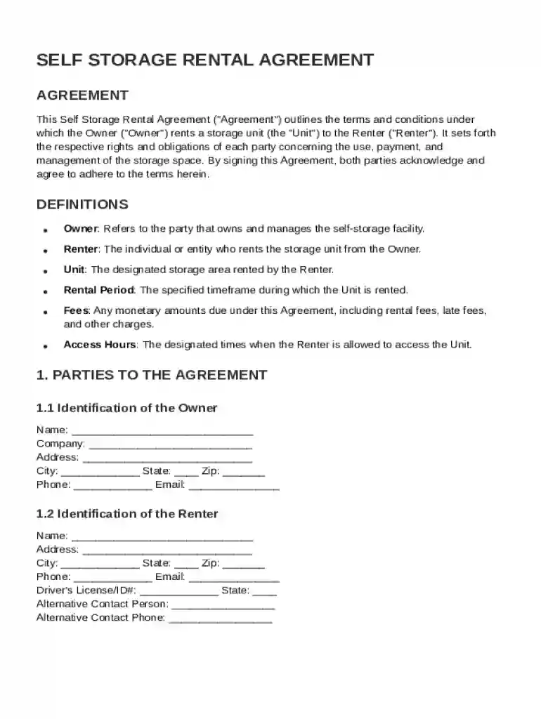Self Storage Contract Template Preview on Page 1