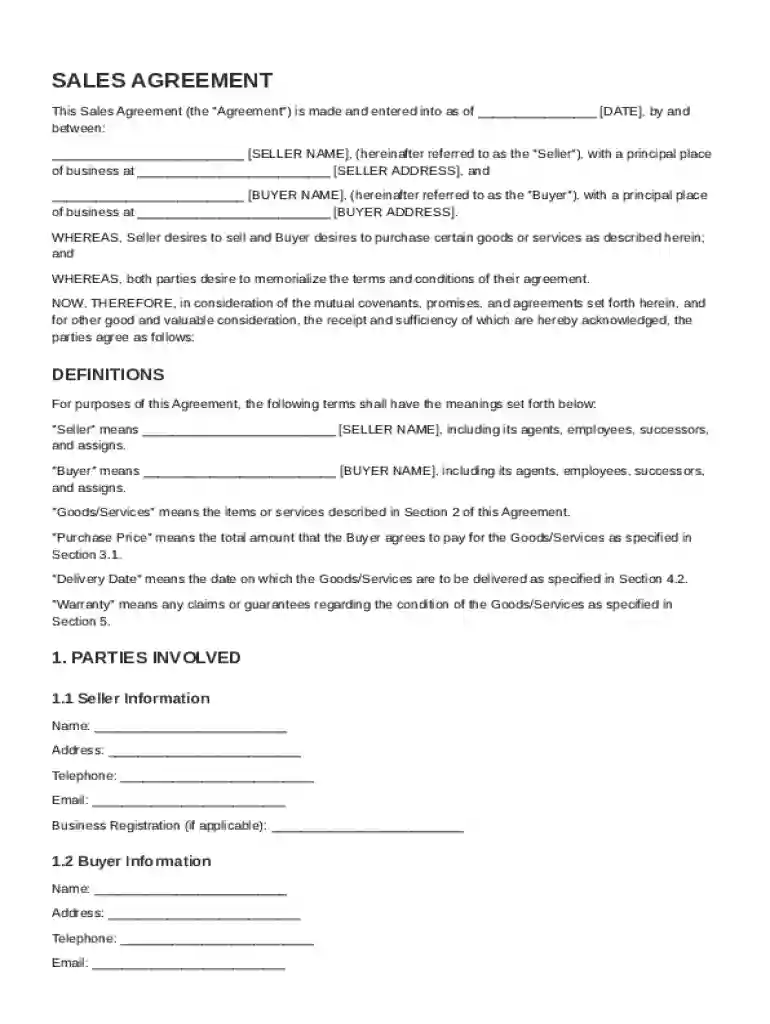 Sell Contract Template Preview on Page 1