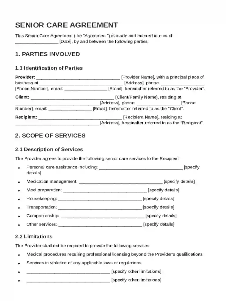 Senior Care Contract Template Preview on Page 1
