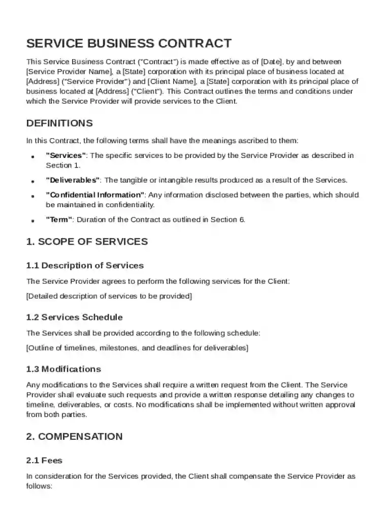 Service Business Contract Template Preview on Page 1