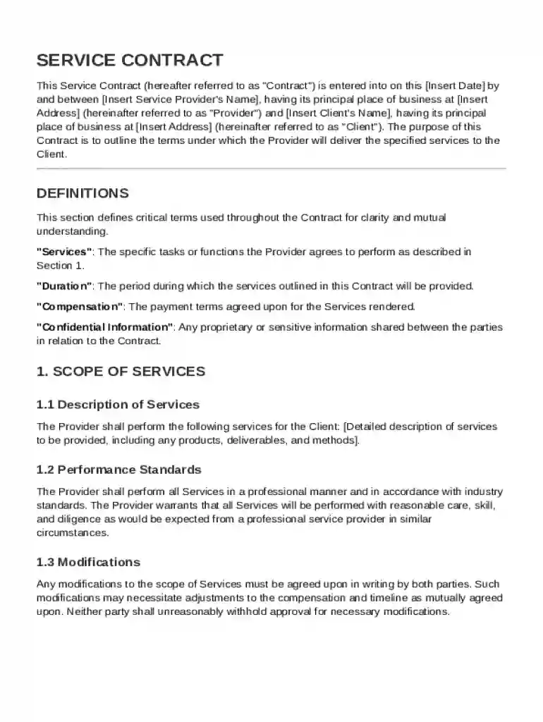 Service Contract Template Preview on Page 1