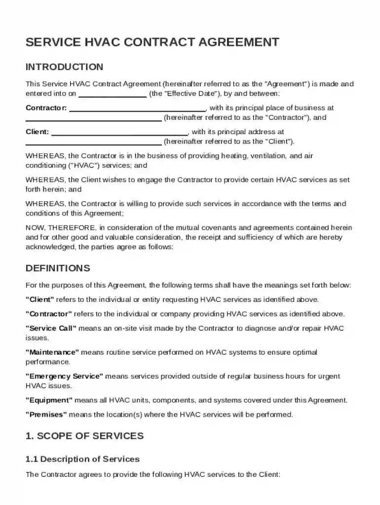 Service HVAC Contract Template Preview on Page 1