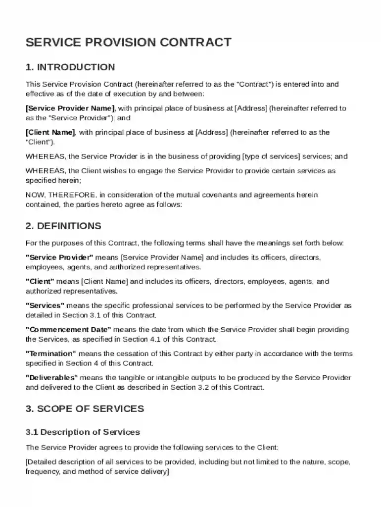 Service Provision Contract Template Preview on Page 1