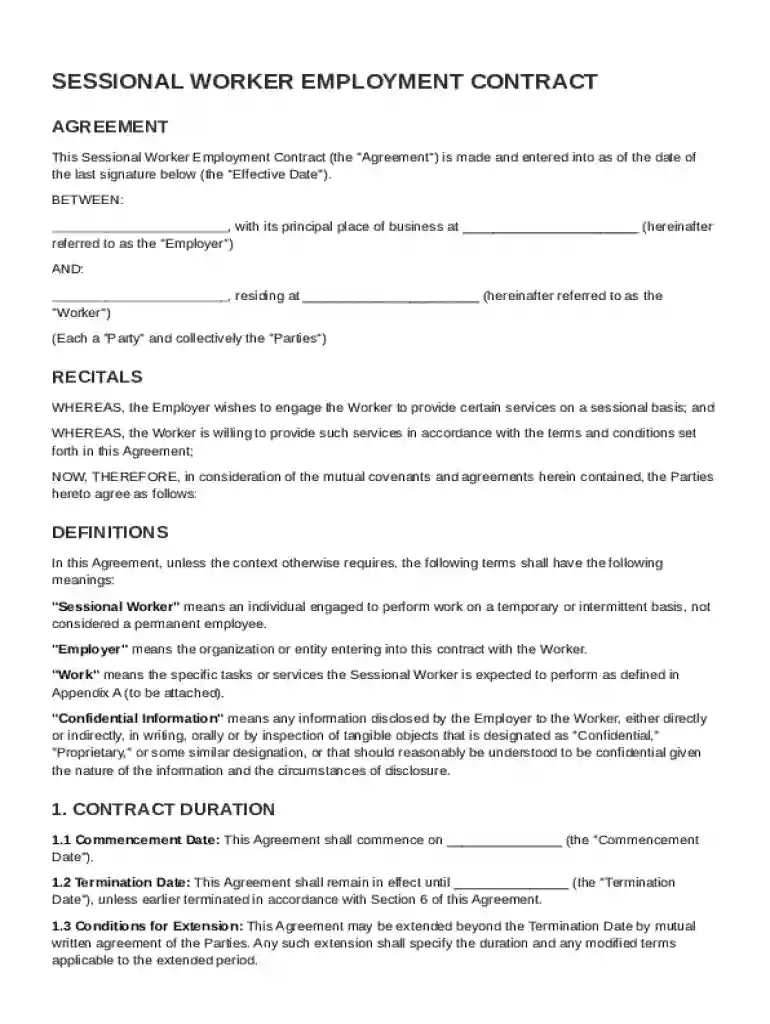 Sessional Worker Contract Template Preview on Page 1