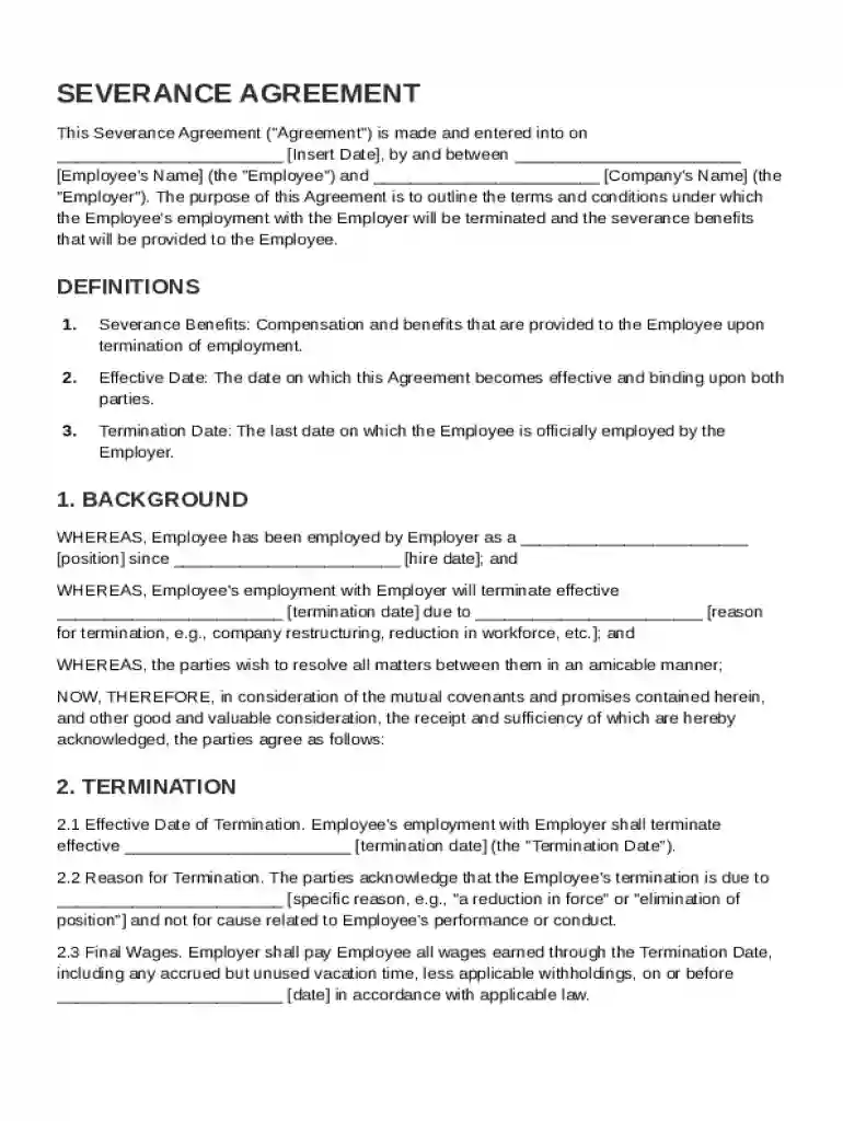 Severance Contract Template Preview on Page 1