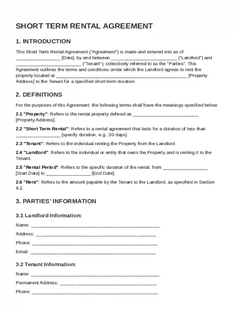 Short Term Rent Contract Template Preview on Page 1