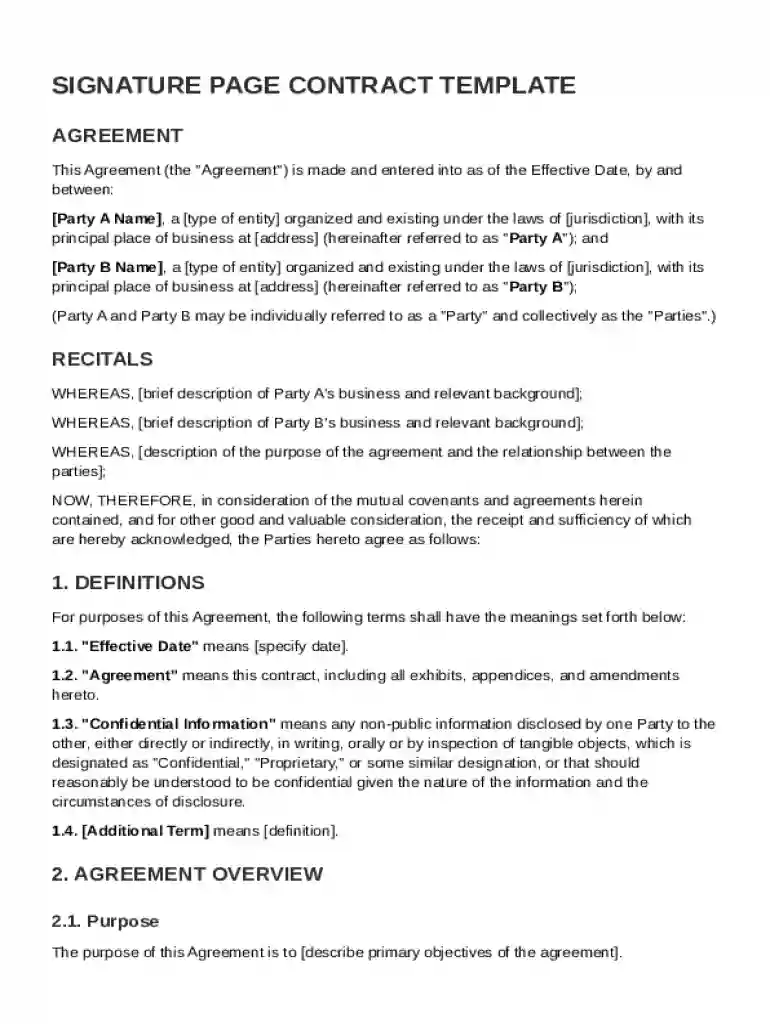 Signature Page Contract Template Preview on Page 1