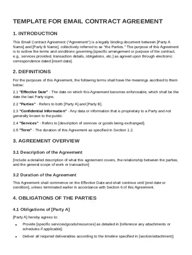 Signed Email Contract Template Preview on Page 1