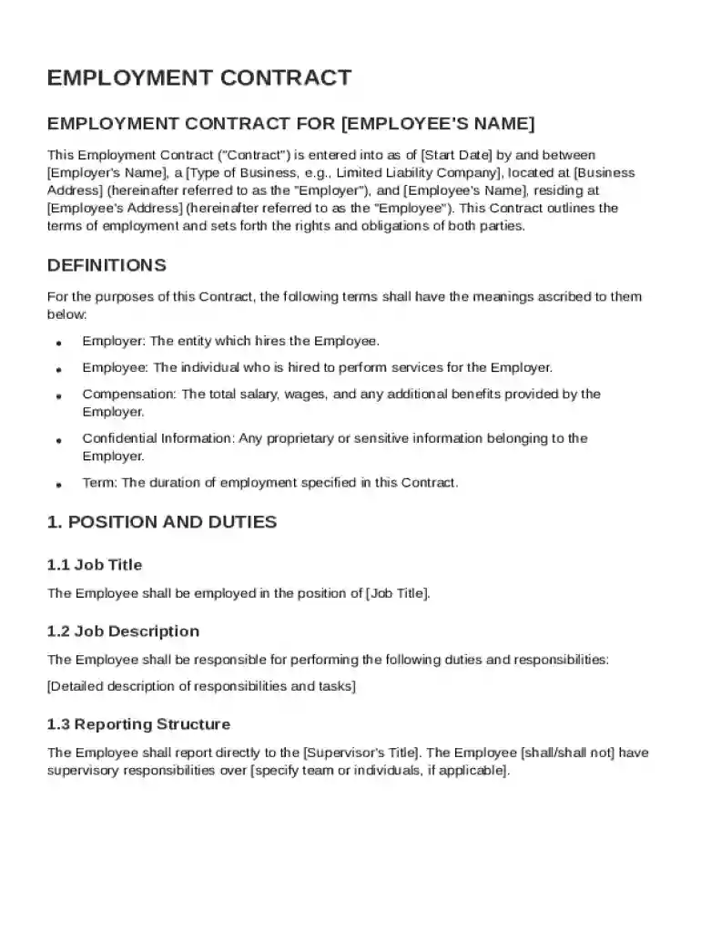 Small Business Employee Contract Template Preview on Page 1