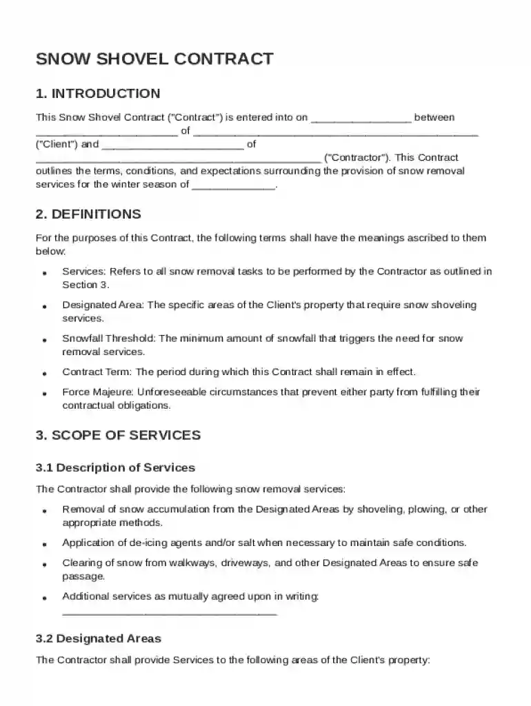 Snow Shovel Contract Template Preview on Page 1
