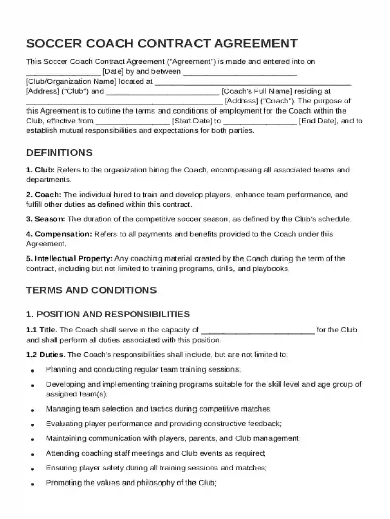 Soccer Coach Contract Template Preview on Page 1