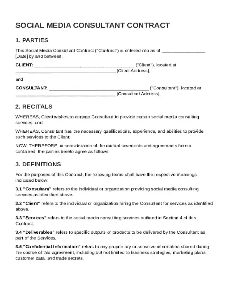 Social Media Consultant Contract Template Preview on Page 1