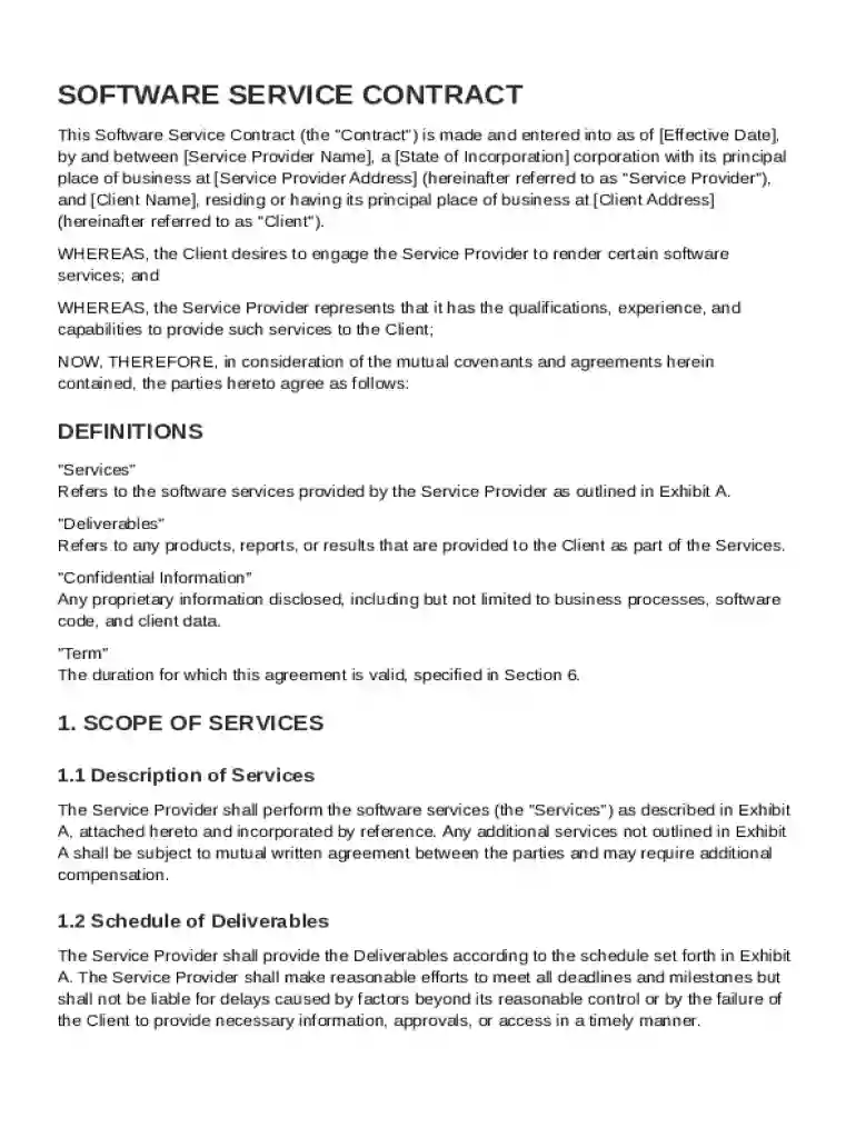 Software Service Contract Template Preview on Page 1
