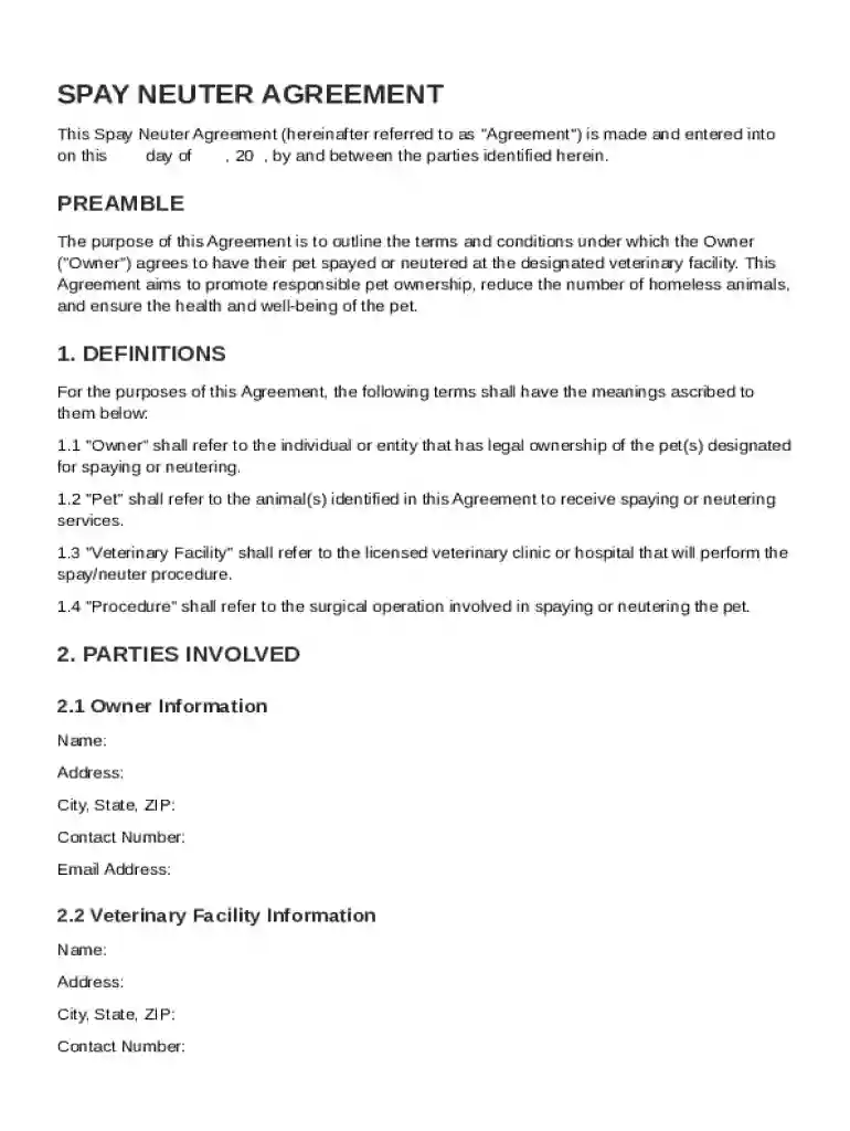Spay Neuter Contract Template Preview on Page 1