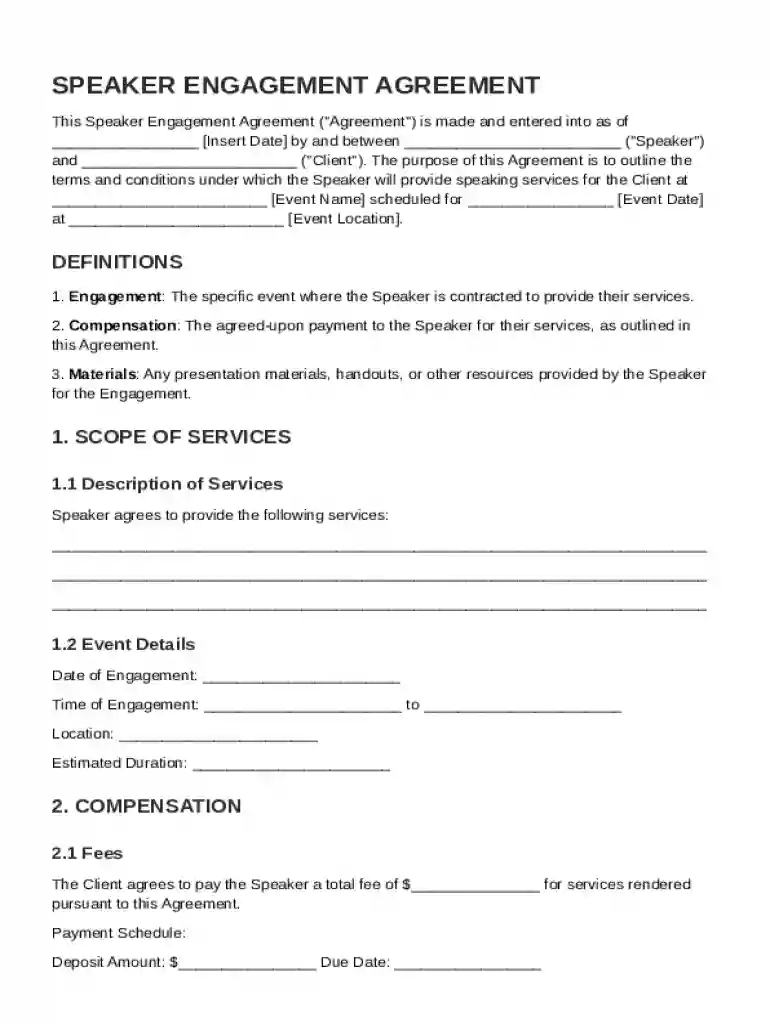 Speak Engagement Contract Template Preview on Page 1